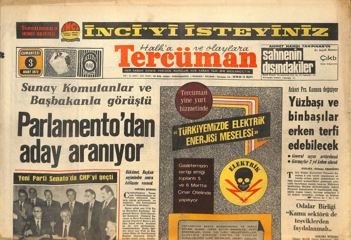 Tercüman Gazetesi 3 Mart 1973 - Parlamento'dan Aday Aranıyor - Yüzbaşı Ve Binbaşılar Erken Terfi Edebilecek GZ145057 - 1