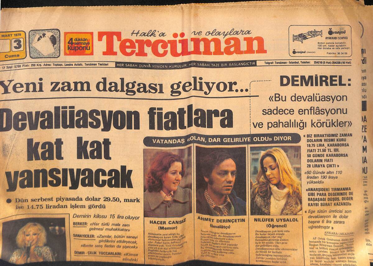 Tercüman Gazetesi 3 Mart 1978 - Yeni Zam Dalgası Geliyor - Erbakan'ın Annesi vefat Etti - Ankara'da Ortaokul Öğrencisi Dövülerek Öldürüldü GZ132480 - 1