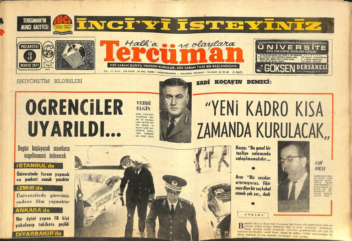 Tercüman Gazetesi 3 Mayıs 1971 - Tasarruf Bonosu 1-2 Ay İçinde Kalkıyor - 200 Bin Üyeli Teksif Kongresi Manisa'da Başlıyor GZ141669 - 1