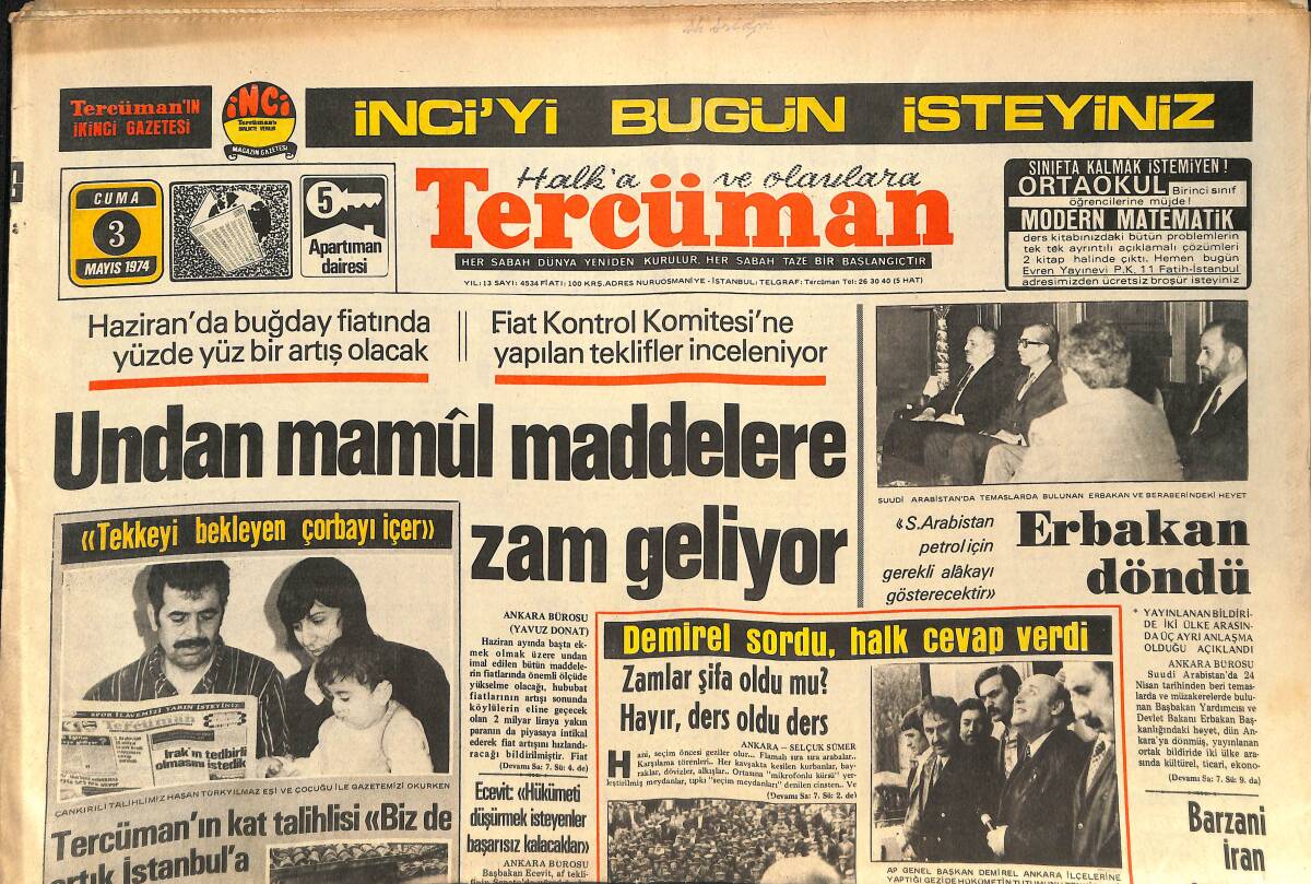 Tercüman Gazetesi 3 Mayıs 1974 - Barzani İran Sınırına Çekiliyor - Mehmet: Fenerbahçe'den Teklif Geldi Ama Galatasaray'da Kalacağım GZ141204 - 1