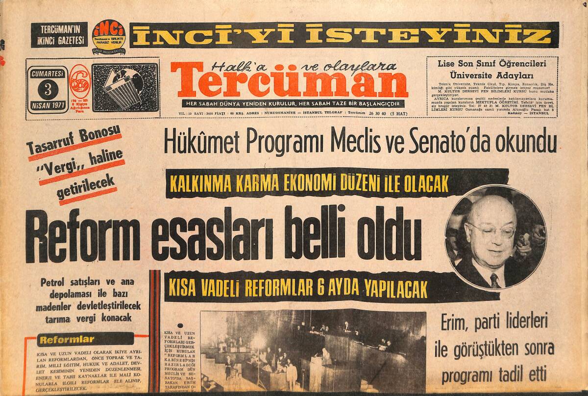 Tercüman Gazetesi 3 Nisan 1971 - Reform Esasları Belli Oldu! - Fenarbahçe Göztepe İçin İzmir'de Çalışıyor! GZ145777 - 1