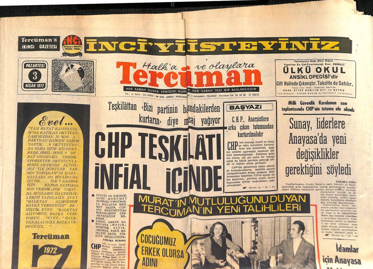 Tercüman Gazetesi 3 Nisan 1972 - Yedeksubay Sınıf Testi Bugün Yapılıyor - CHP Teşkilatı İnfial İçinde GZ161250 - 1