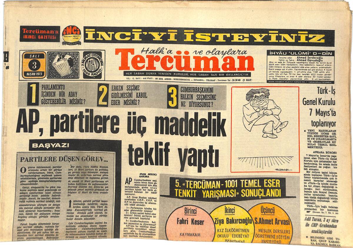 Tercüman Gazetesi 3 Nisan 1973 - Didi: Fenerbahçe Kupada Da Ligde De Finali Oynayacak - Dünya Güreş Kupasına Türkiye Davet Edilmedi GZ144632 - 1