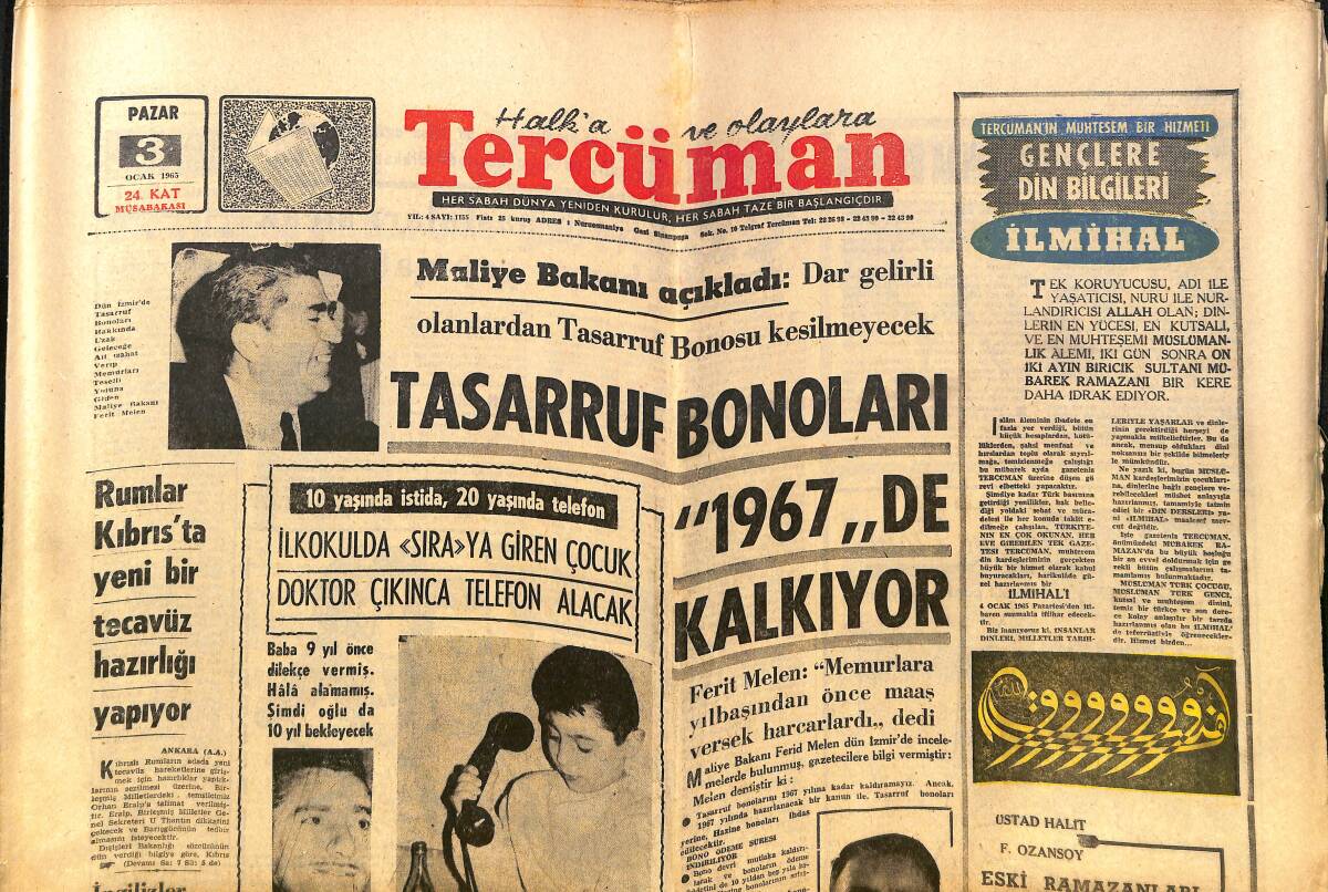 Tercüman Gazetesi 3 Ocak 1965 - Rumlar Kıbrıs'ta Yeni Bir Tecavüz Hazırlığı Yapıyor - Yeni Yılın İlk Derbi Maçı Fenerbahçe-Galatasaray GZ140436 - 1