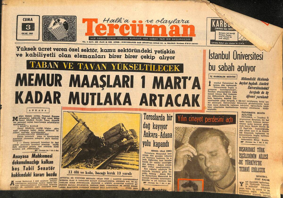 Tercüman Gazetesi 3 Ocak 1969 - Dünyanın 4. Büyük Barajı Fırat Üzerinde Yapılıyor! - Nunweiller, Profesör Olmak İçin Bükreş'e Gidiyor! GZ146274 - 1