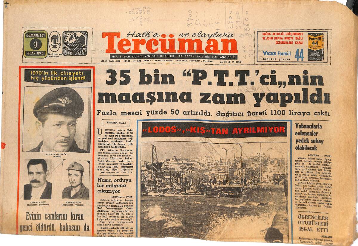 Tercüman Gazetesi 3 Ocak 1970 - Fransa Ve İsrail'in Arası İyice Açıldı - 35 Bin PTT'cinin Maaşına Zam Yapıldı GZ144553 - 1