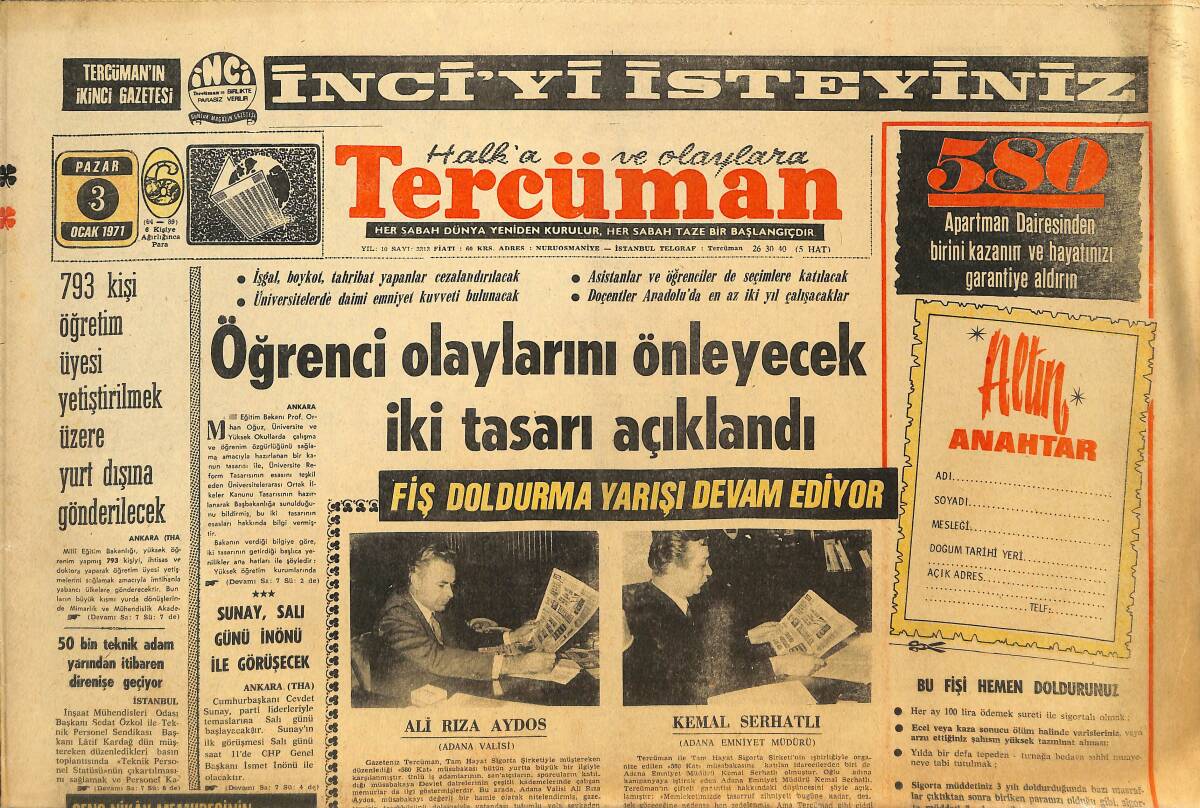 Tercüman Gazetesi 3 Ocak 1971 - Öğrenci Olaylarını Önleyecek İki Tasarı Açıklandı - Sunay , Salı Günü İnönü İle Görüşecek GZ145409 - 1