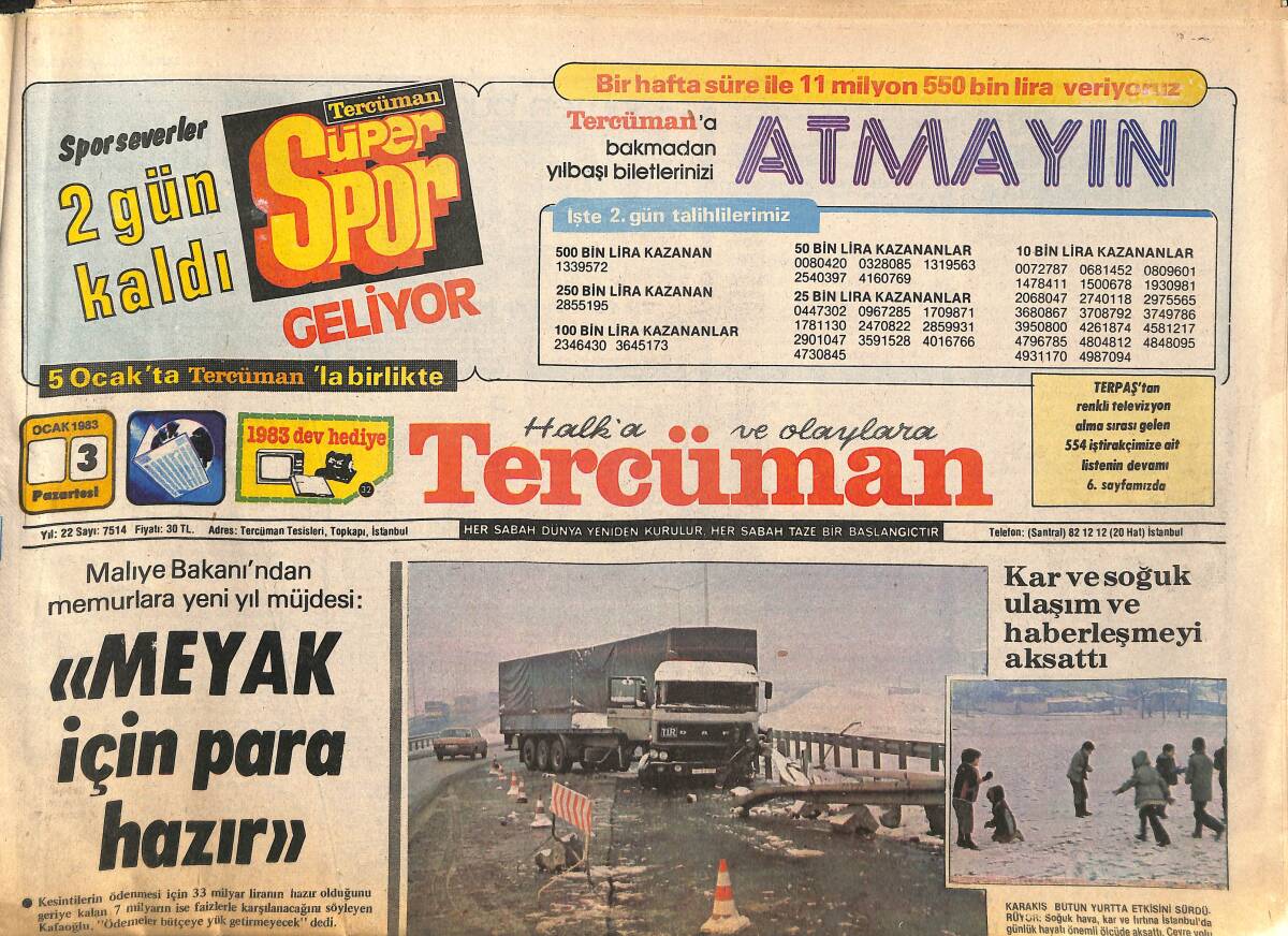 Tercüman Gazetesi 3 Ocak 1983 - MEYAK İçin Para Hazır - Türkiye-Filistin Görüşmeleri bugün Başlıyor GZ141760 - 1