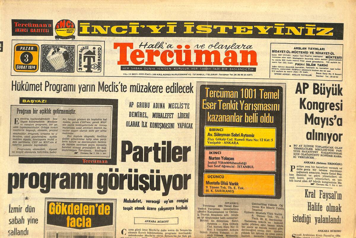 Tercüman Gazetesi 3 Şubat 1974 - Süpermarket'te Çıkan Yangında 181 Kişi Yandı - Partiler Programı Görüşüyor GZ144212 - 1
