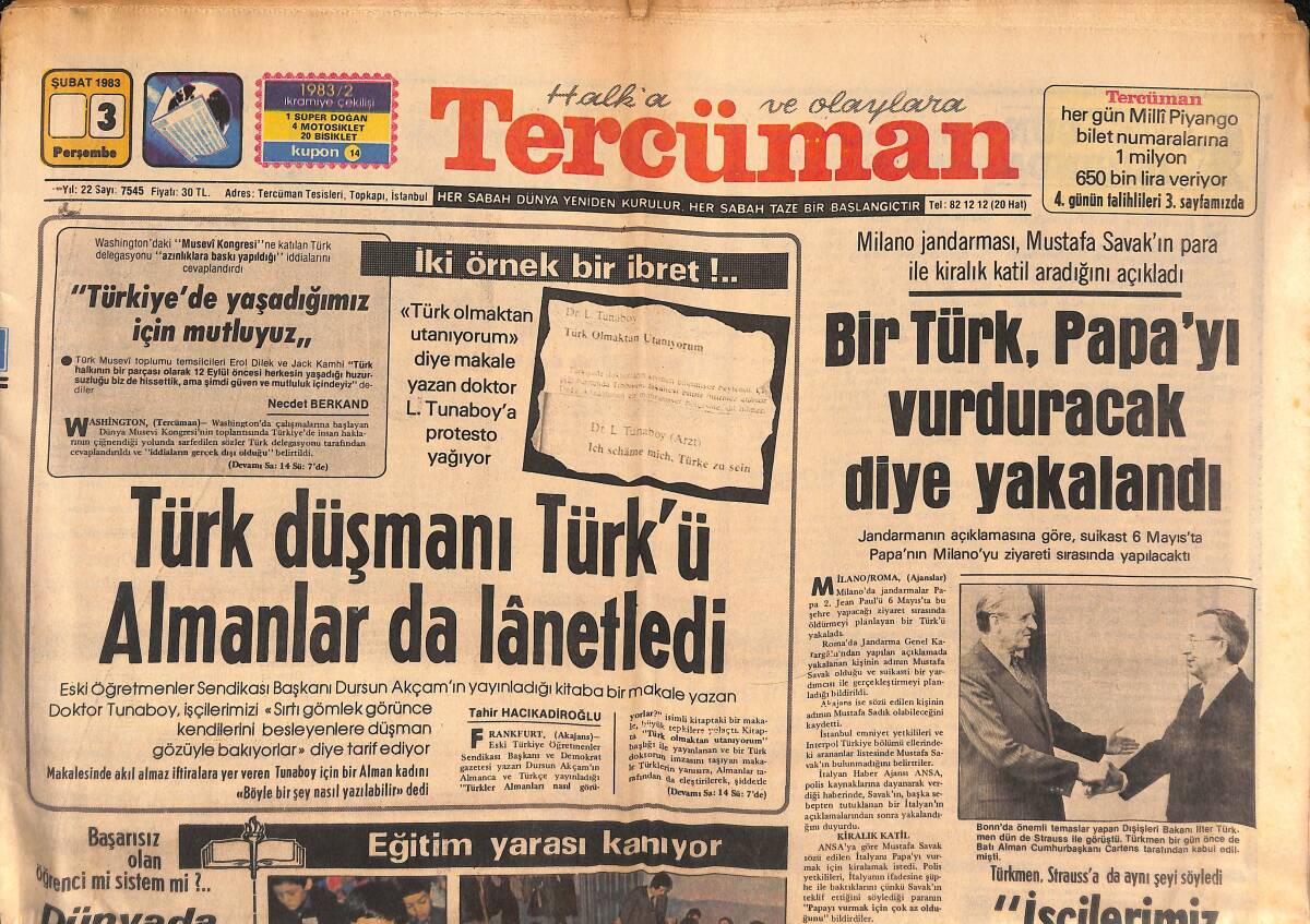 Tercüman Gazetesi 3 Şubat 1983 - Bükoma Fuarı Açıldı - Eğitim Yarası Kanıyor GZ134447 - 1