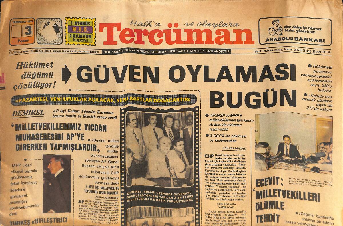 Tercüman Gazetesi 3 Temmuz 1977 - Hükümetin Güven Oylaması Bugün - Millet Vekilleri Ölümle Tehdit Ediliyor GZ133349 - 1
