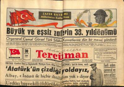 Tercüman Gazetesi 30 Ağustos 1960 - Büyük Ve Eşsiz Zaferin 38. Yıldönümü GZ67378 - 2