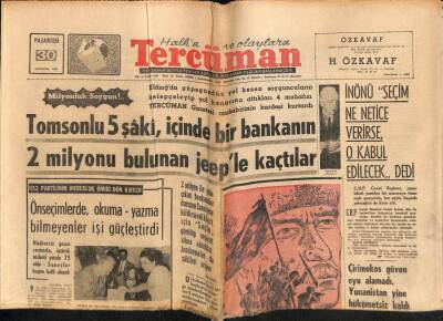 Tercüman Gazetesi 30 Ağustos 1965 - Tomsonlu 5 Şaki , İçinde Bir Bakanın 2 Milyonu Bulunan Jeeple Kaçtılar GZ70849 - 2