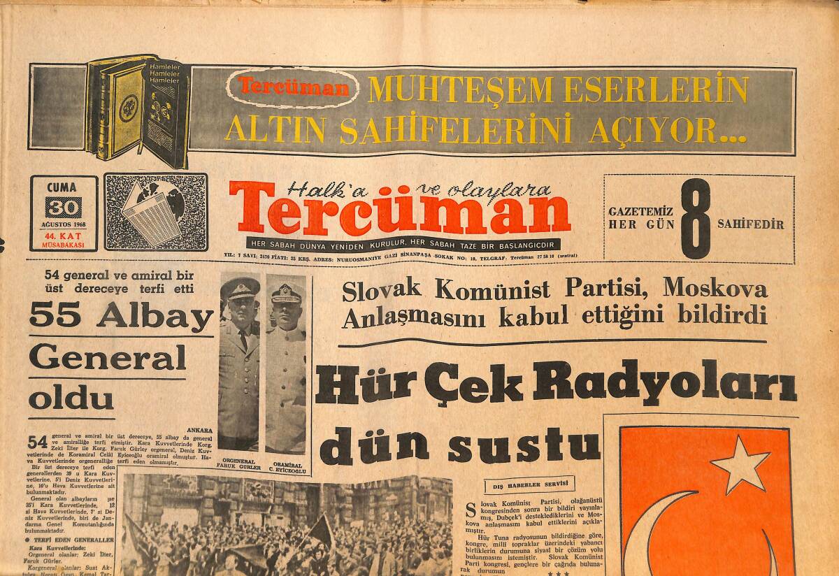 Tercüman Gazetesi 30 Ağustos 1968 - 55 Albay General Oldu - Humphrey, Demokrat Partinin Başkan Adayı Oldu! GZ145229 - 1