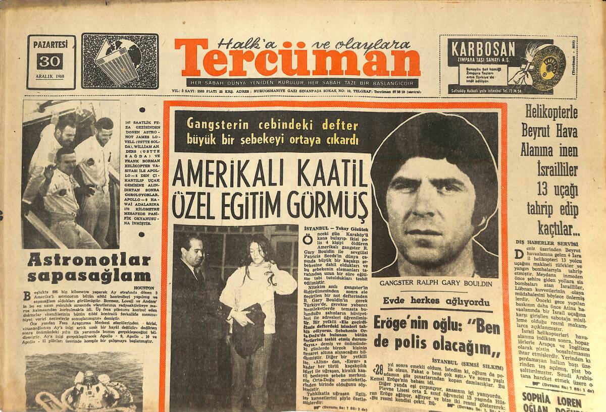 Tercüman Gazetesi 30 Aralık 1968 - Amerikalı Katil Özel Eğitim Görmüş - Vefa Ankara'dan 2 Puanla Dönüyor! GZ144720 - 1