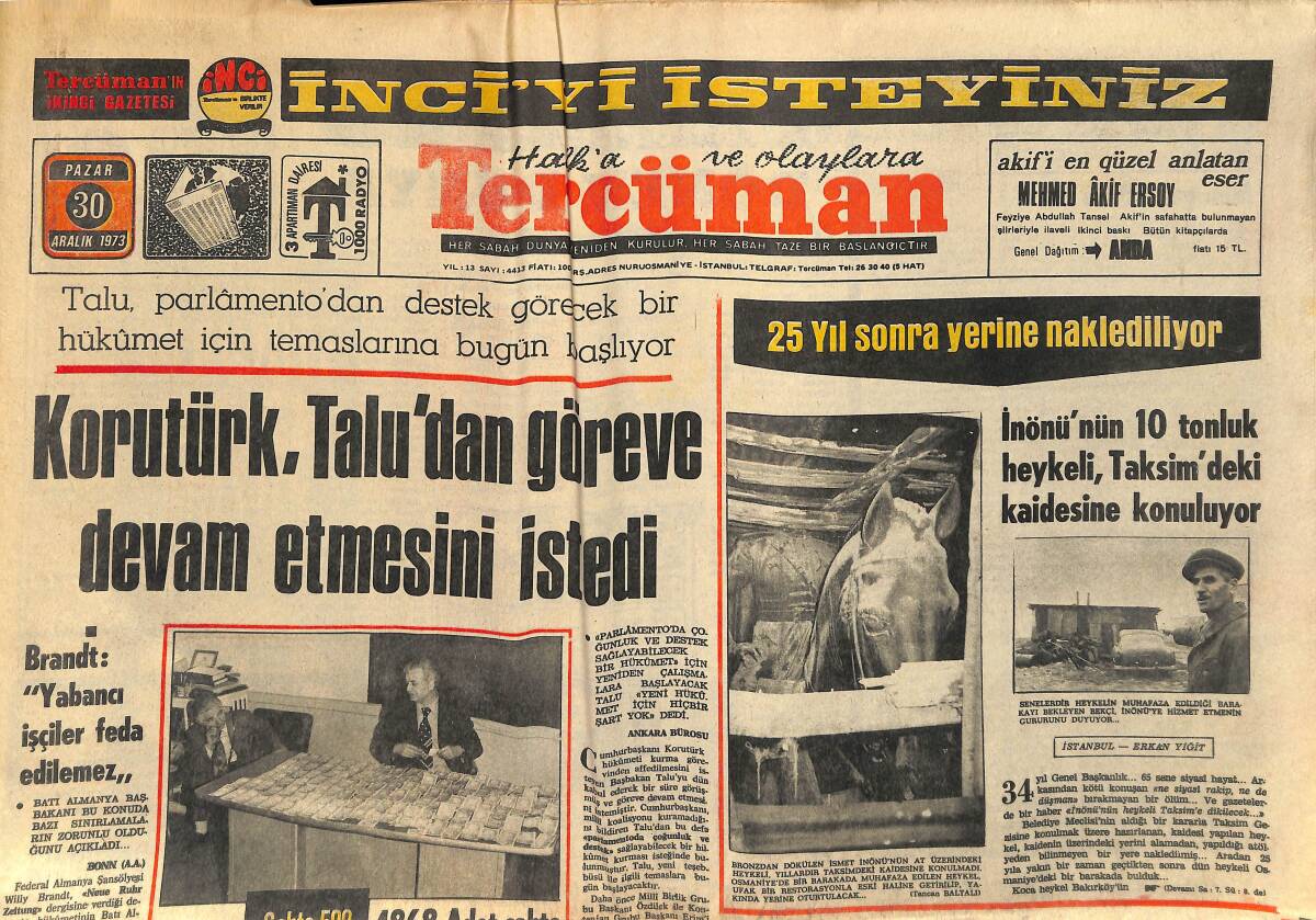 Tercüman Gazetesi 30 Aralık 1973 - Korutürk , Talu'dan Göreve Devam Etmesini İstedi - Gazete Kâğıdı İhracı Durduruldu GZ145385 - 1