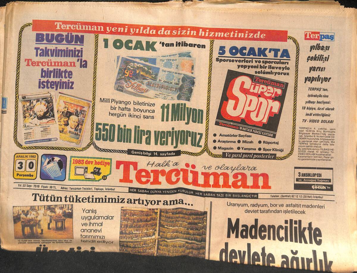 Tercüman Gazetesi 30 Aralık 1982 - Tütün Tüketimimiz Artıyor Ama... - Madencilikte Devlete Ağırlık Veriliyor GZ134501 - 1