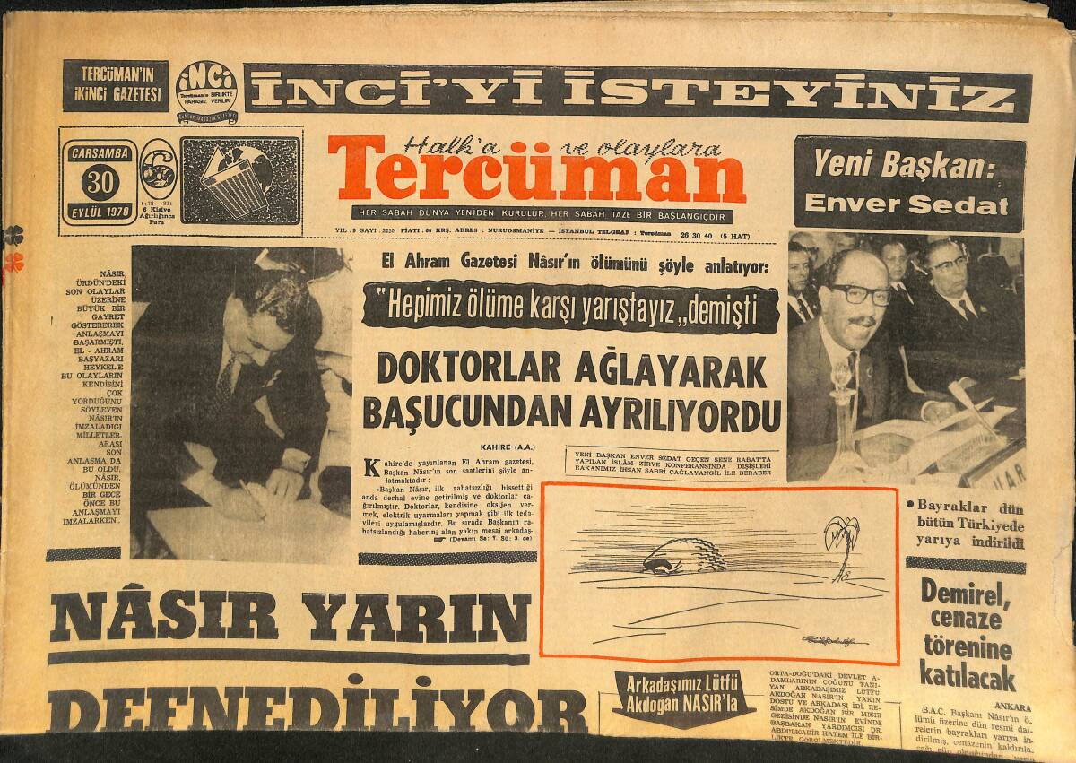 Tercüman Gazetesi 30 Eylül 1970 - Nasır Yarın Defnediliyor - Demirel Cenaze Törenine Katılacak GZ146383 - 1