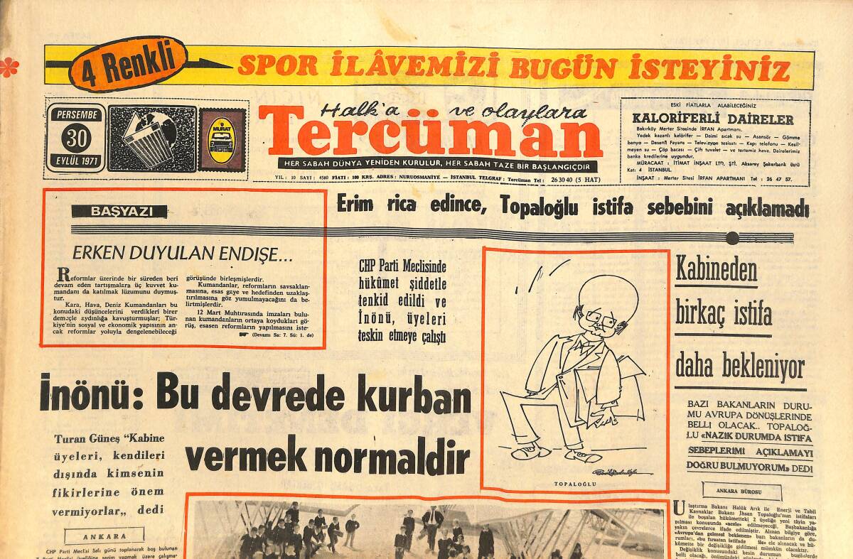 Tercüman Gazetesi 30 Eylül 1971 - Çayan Davasında Askeri Hakim Burada Komedi Oynanmıyor Dedi - Erim Rica Edince , Topaloğlu İstifa Sebebini Açıklamadı GZ145511 - 1
