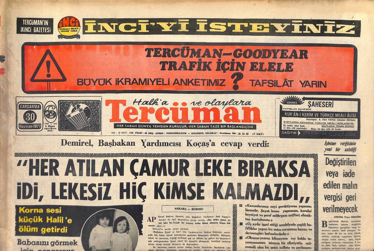 Tercüman Gazetesi 30 Haziran 1971 - Nihat Erim, Anayasa Değişikliği İçin İnönü İle Görüştü! - Hasan Rüzgar Boks Federasyonu Üyeliğini Bıraktı! GZ146041 - 1