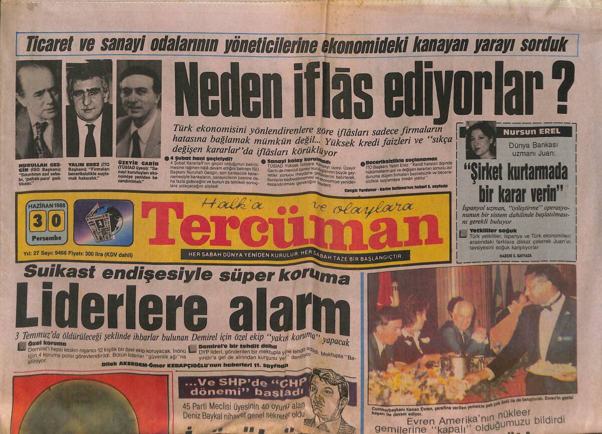 Tercüman Gazetesi 30 Haziran 1988 - İnönü'nün de Ümidi Baykal - Anap'ı Parçalamak İsteyenler Var - Demirel'e Suikast Alarmı GZ132450 - 1