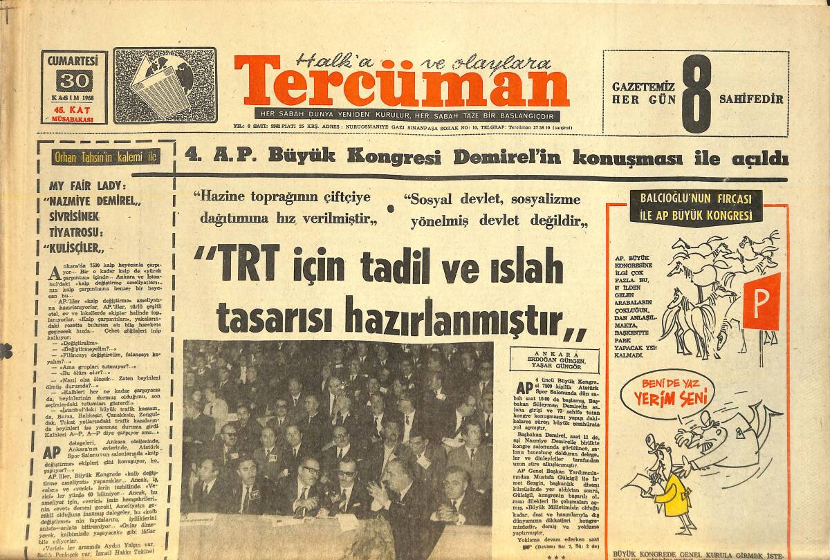 Tercüman Gazetesi 30 Kasım 1968 - Ajax Bir Gözlük Bıraktı - TRT İçin Tadil Ve Islah Tasarısı Hazırlanmıştır GZ141735 - 1