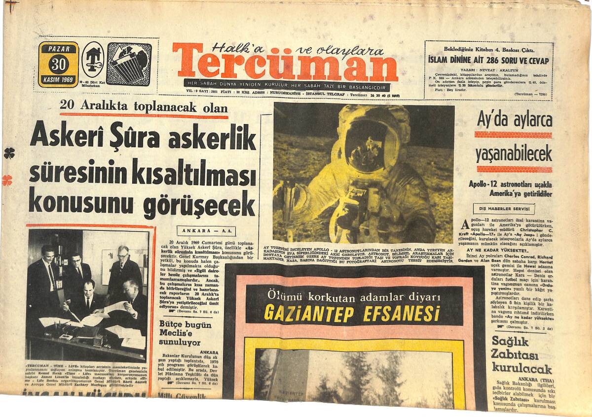 Tercüman Gazetesi 30 Kasım 1969 - Apollo-12 Astronotları Uçakla Amerika'ya Getirildiler - Gecekondusu Yıkılan Aileler Yürüyüş Yaptı GZ144622 - 1