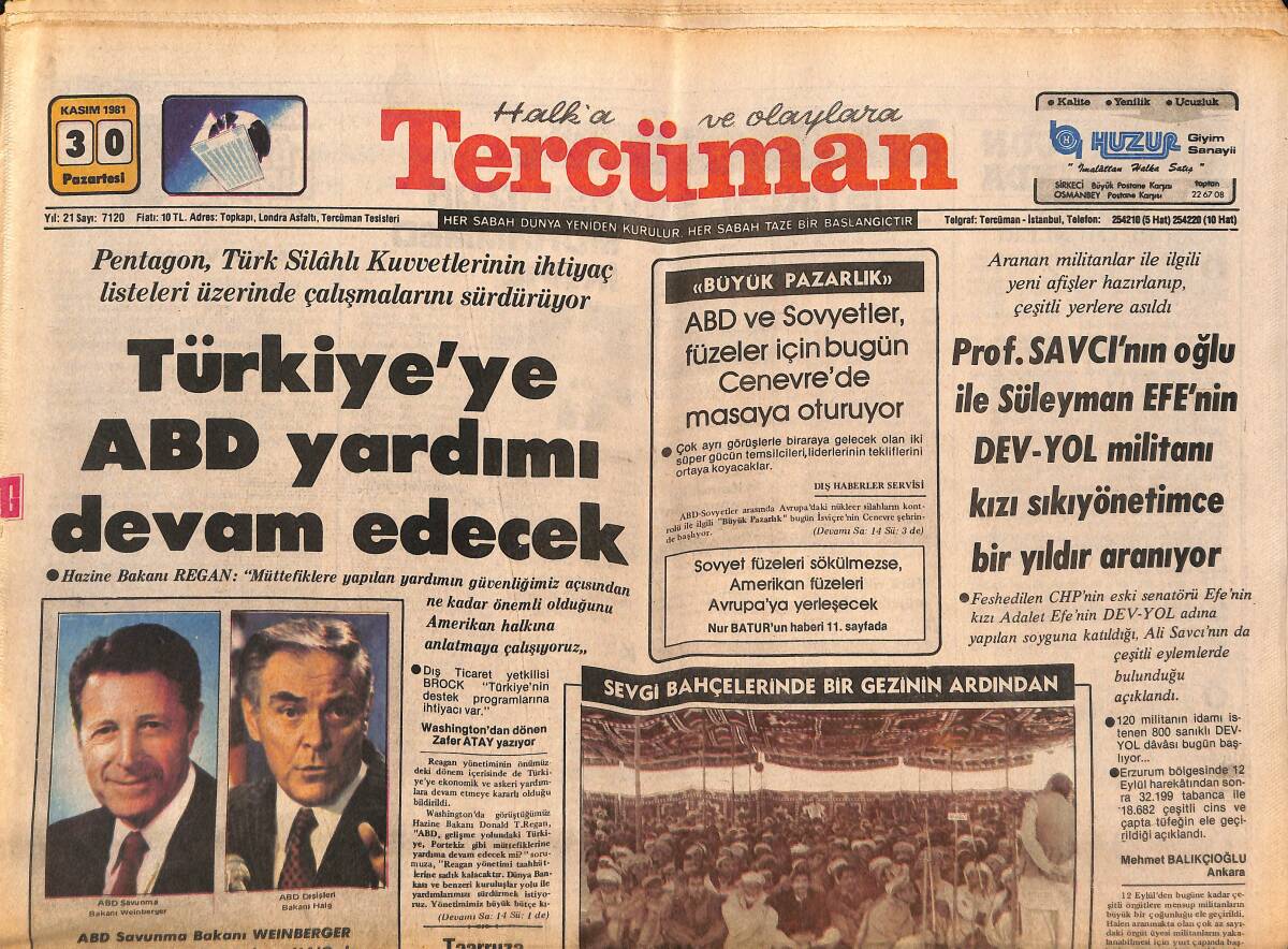 Tercüman Gazetesi 30 Kasım 1981 - Türkiye'ye ABD Yardımı Devam Edecek - Şam'da Patlama : 64 Ölü 135 Yaralı GZ147168 - 1