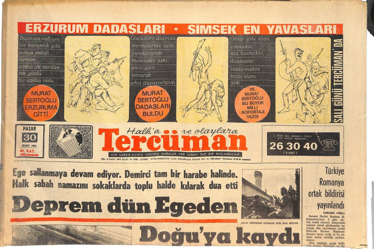 Tercüman Gazetesi 30 Mart 1969 - Deprem Dün Ege'den Doğu'ya Kaldırıldı - Vefa, Göztepe'yi İzmir'e Puansız Yolcu Etti: 3-1 GZ145158 - 1
