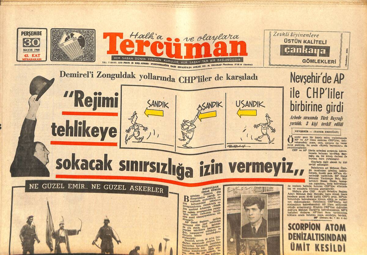 Tercüman Gazetesi 30 Mayıs 1968 - Scorpion Atom Denizaltısından Ümit Kesildi - De Gaulle, Sokak Gösterilerinin Derhal Ezilmesini Emretti GZ141456 - 1