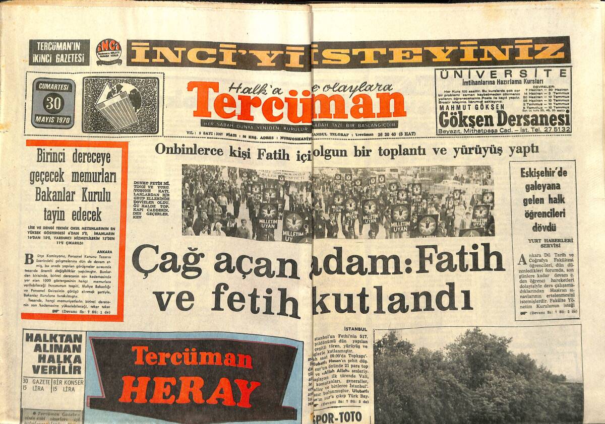 Tercüman Gazetesi 30 Mayıs 1970 - Çağ Açan Adam: Fatih Ve Fetih Kutlandı - Eskişehir'de Galeyana Gelen Halk Öğrencileri Dövdü GZ140563 - 1