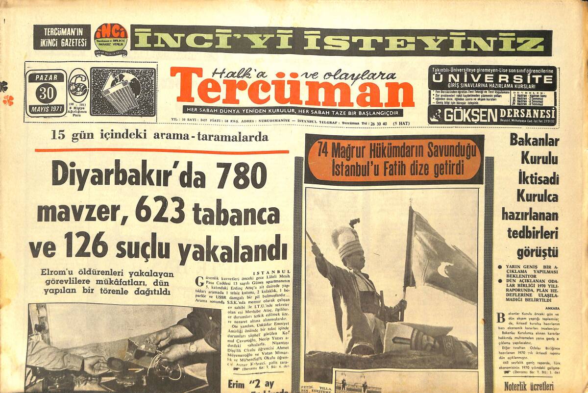 Tercüman Gazetesi 30 Mayıs 1971 - İstanbul'un Fethinin 518. Yıldönümü Kutlandı - Giresun'da Şampiyonluk Günü GZ144590 - 1