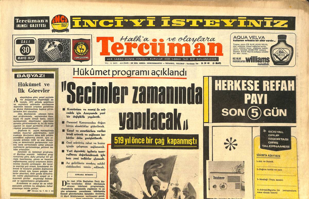 Tercüman Gazetesi 30 Mayıs 1972 - OYAK , 1 Milyar 627 Milyon Yardım Yaptı - Hükümet Programı Açıklandı GZ144199 - 1