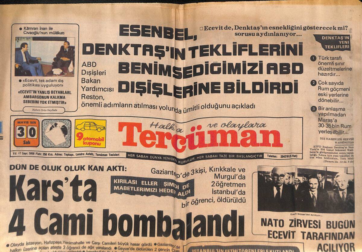 Tercüman Gazetesi 30 Mayıs 1978 - Kars'ta 4 Cami Bombalandı - NATO Zirvesi Bugün Açılıyor GZ132509 - 1