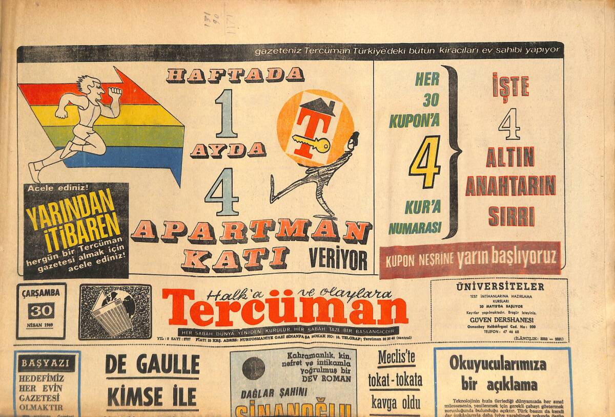 Tercüman Gazetesi 30 Nisan 1969 - De Gaulle Kimse İle Görüşmüyor! - Gazanfer Bilge, Tekrar Cezaevine Gönderiliyor! GZ145789 - 1