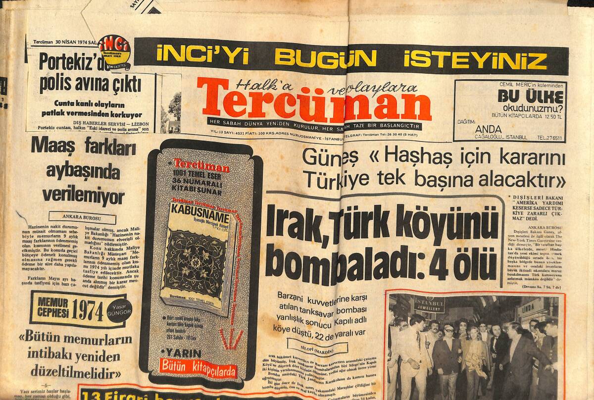 Tercüman Gazetesi 30 Nisan 1974 - Fenerbahçe Kupa İçin Bursa'ya Taşınıyor - Kapalıçarşı'dan Yüzük Alan Sophia Loren Türkiye'den Ayrıldı GZ134127 - 1