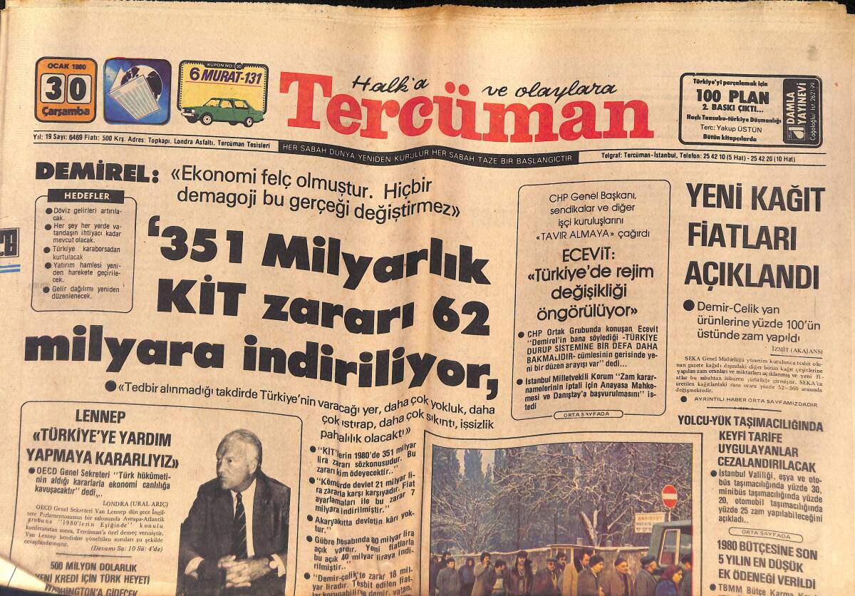 Tercüman Gazetesi 30 Ocak 1980 - Lennep, Türkiye'ye Yardım Yapmaya Hazırız - Muş'ta 3 Kişi Daha Donarak Öldü, Isı Daha da Çok Düşecek GZ132474 - 1