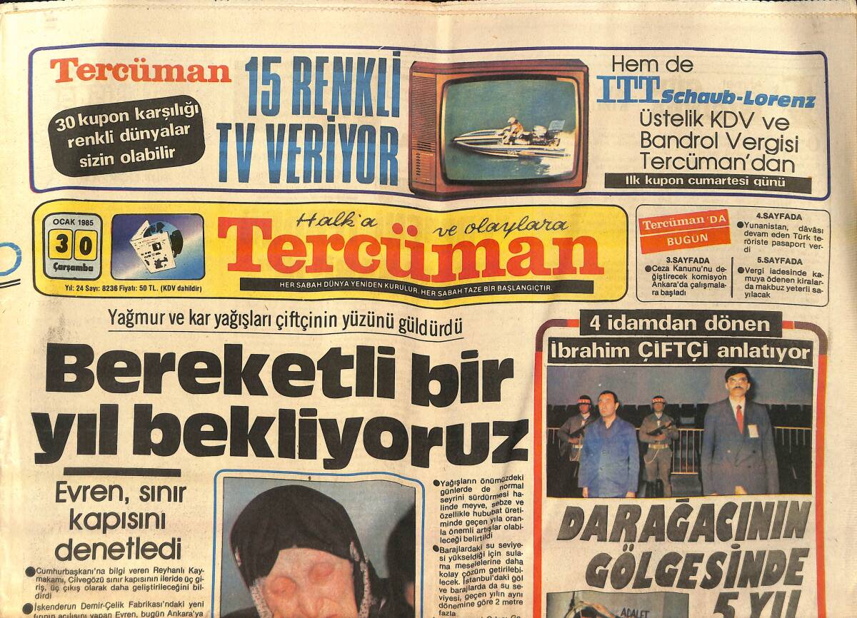 Tercüman Gazetesi 30 Ocak 1985 - Evren , Sınır Kapısını Denetledi - Rıdvan Dilmen, Sarıyer'le Anlaştı GZ155832 - 1