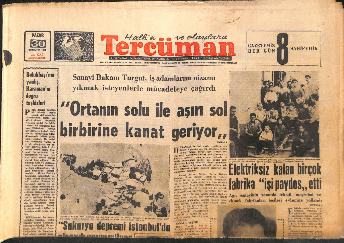 Tercüman Gazetesi 30 Temmuz 1967 - Esnaf Kongresi Bugün Başlıyor - Elektriksiz Kalan Birçok Fabrika İşi Paydos Etti GZ141676 - 1