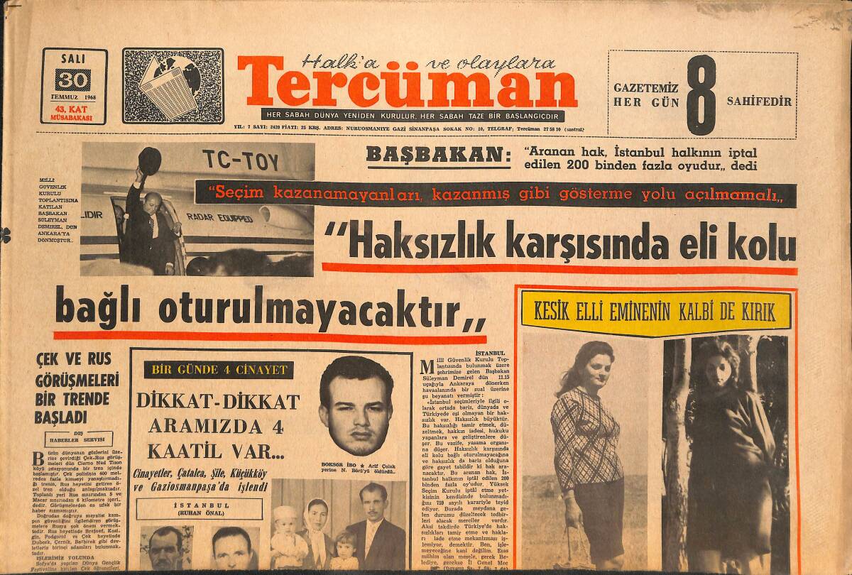 Tercüman Gazetesi 30 Temmuz 1968 - Müftü Ve Vaizler İçin Kurs Açıldı - Çek Ve Rus Görüşmeleri Bir Trende Başladı GZ145463 - 1