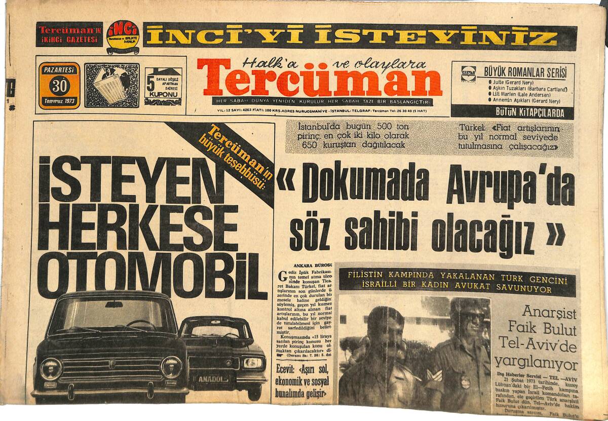 Tercüman Gazetesi 30 Temmuz 1973 - Dokumada Avrupa'da Söz Sahibi Olacağız! - Bir Beşiktaş Yaratmak... GZ144999 - 1