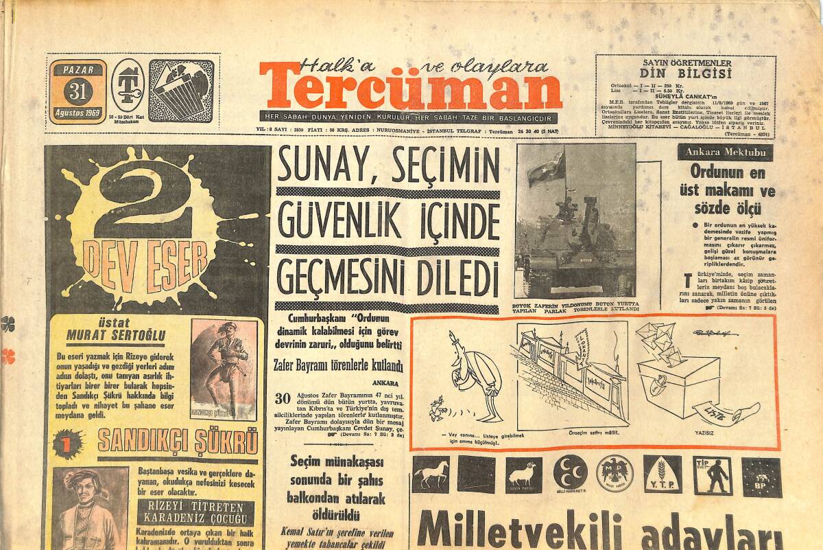 Tercüman Gazetesi 31 Ağustos 1969 - Amerikan Uçağı İsrailli Mühim Bir Şahsı Ele Geçirmek İçin Kaçırılmış - Fenerbahçe Beşiktaş'ı Yendi GZ144620 - 1