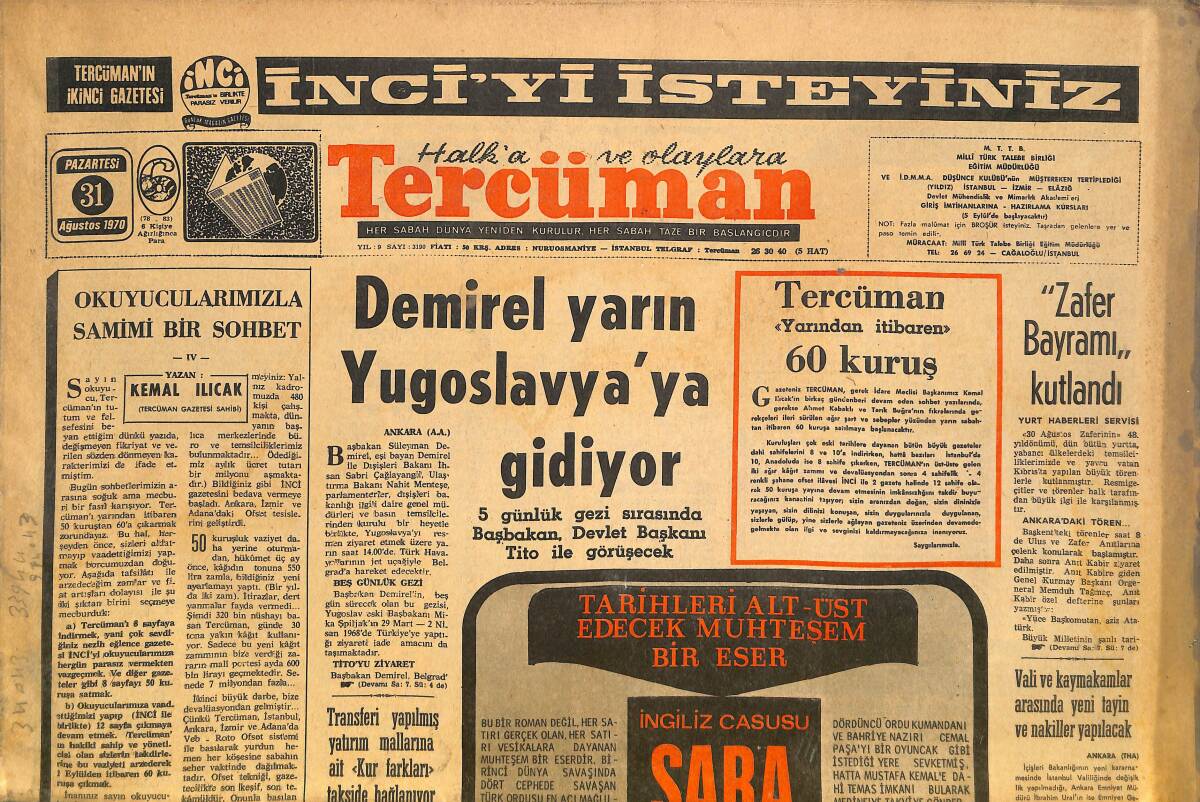 Tercüman Gazetesi 31 Ağustos 1970 - Teniste Hewitt Finale Çıktı - Demirel Yarın Yugoslavya'ya Gidiyor GZ145570 - 1
