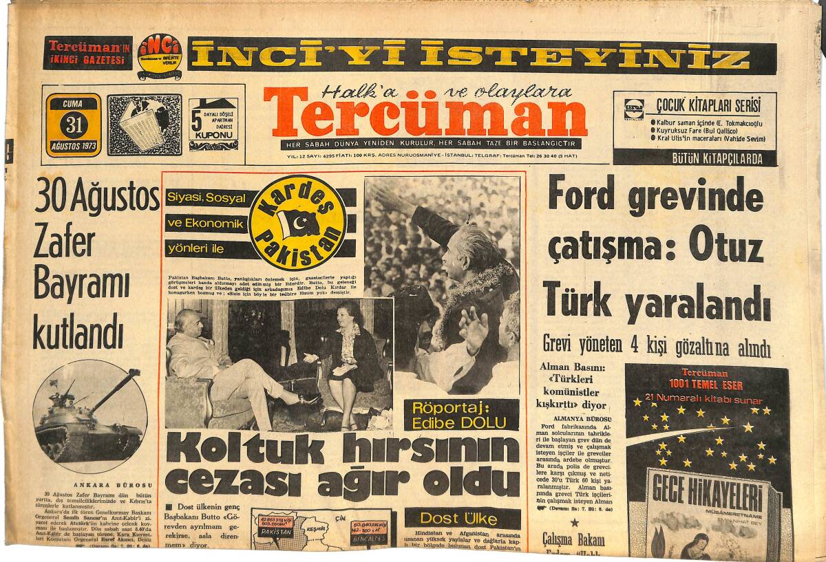 Tercüman Gazetesi 31 Ağustos 1973 - Ford Grevinde Çatışma: Otuz Türk Yaralandı - Brian Birch, Fenerbahçe'yi Fazla Önemsemiyorum! GZ145012 - 1