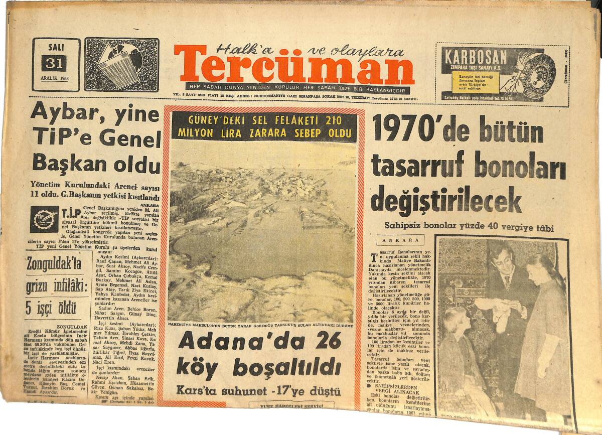Tercüman Gazetesi 31 Aralık 1968 - Aybar, Yine TİP'E Genel Başkan Oldu! - Suvari, Türk Futbolunda Köklü Reforma Taraftar GZ144721 - 1