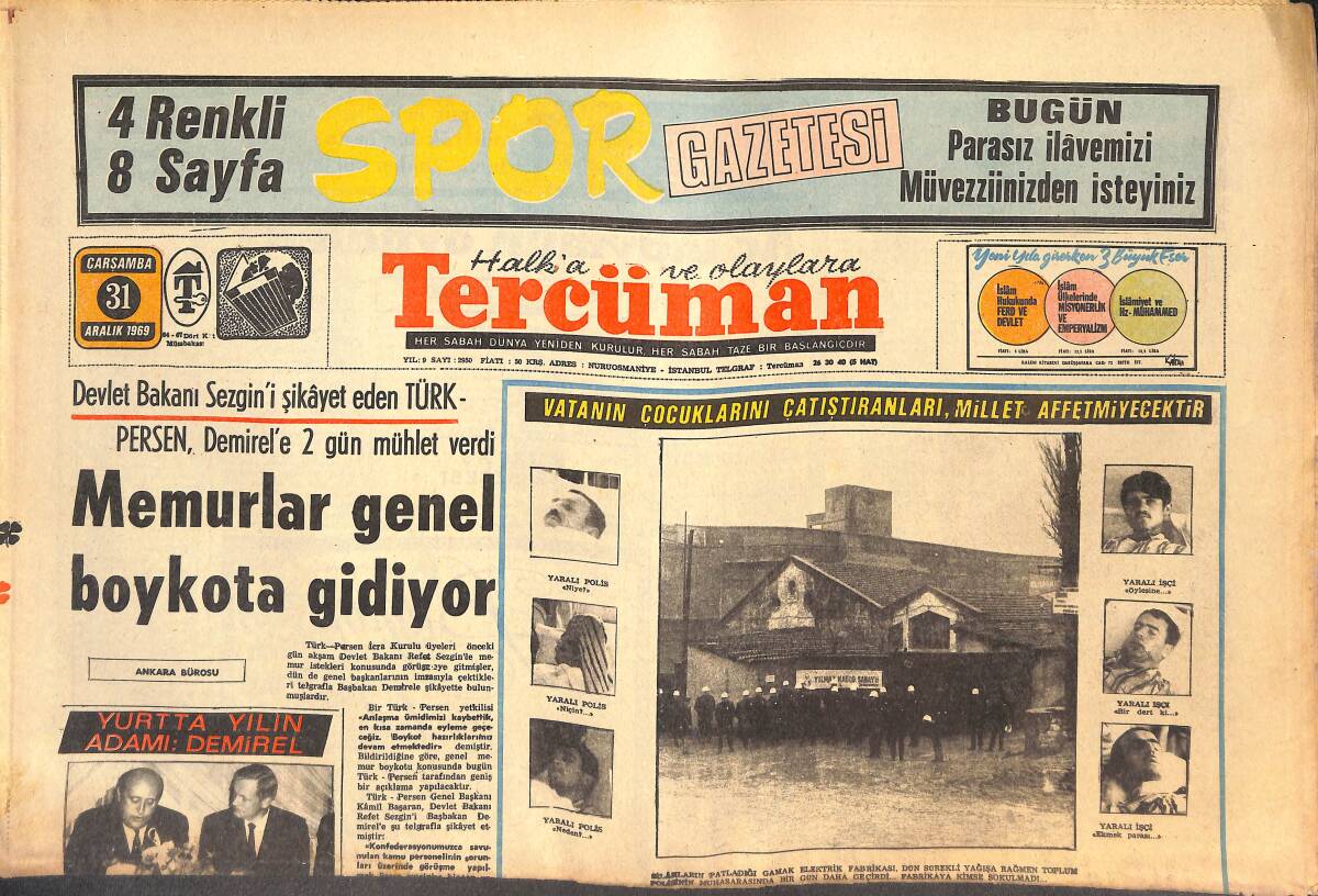 Tercüman Gazetesi 31 Aralık 1969 - Yurtta Yılın Olayı: İnönü-Bayar Yakınlaşması - Damak Olayından 71 Kişinin İfadesi Alındı, 69 Kişi Nezarette GZ144394 - 1