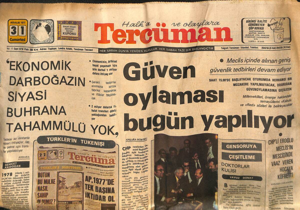 Tercüman Gazetesi 31 Aralık 1977 - Güven Oylaması Bugün Yapılıyor - Hılton'un Kumarhanesi Tekrar Açıldı GZ133259 - 1