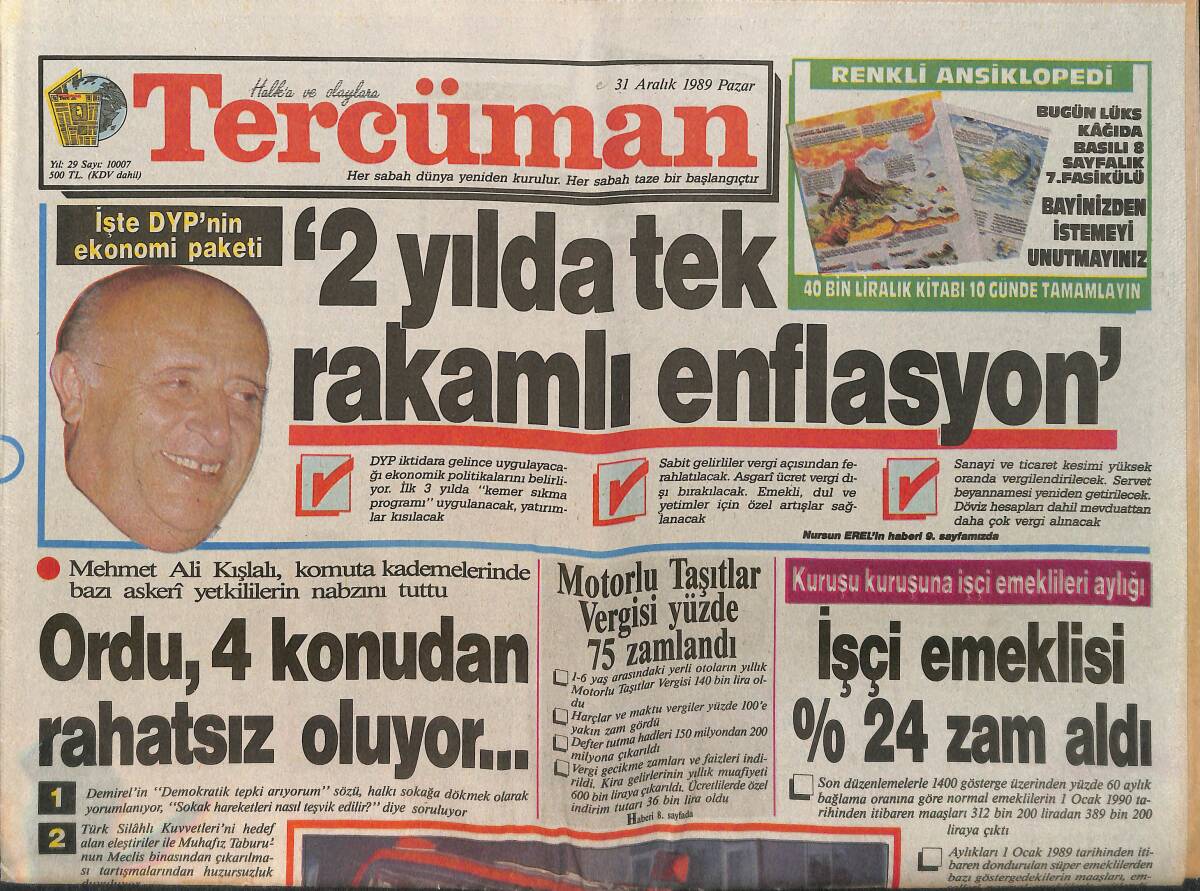 Tercüman Gazetesi 31 Aralık 1989 - Mehmet Ali Kışlalı , Komuta Kademelerinde Bazı Askeri Yetkililerin Nabzını Tuttu GZ157872 - 1