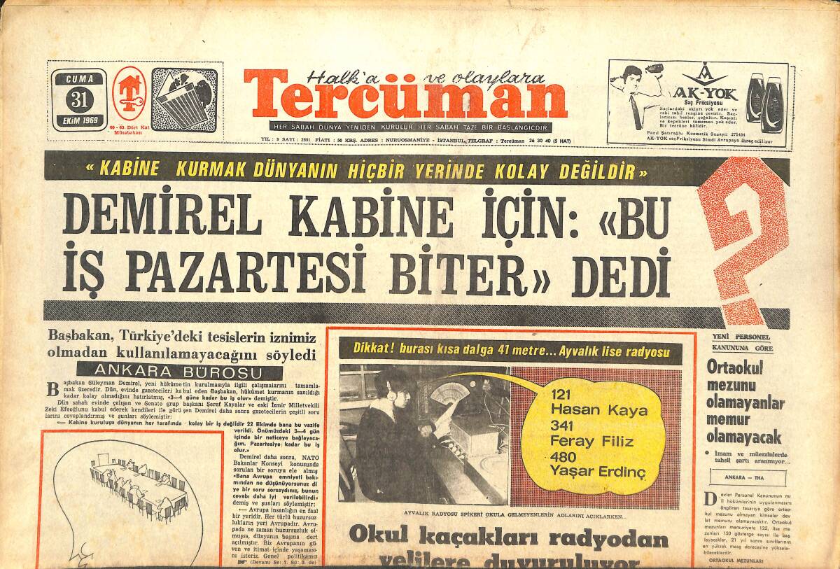 Tercüman Gazetesi 31 Ekim 1969 - Beşiktaş Süt Liman Galatasaray Fokurduyor - Sevim Tuna Perdede Büyük Yolcu Olma Yolunda GZ143143 - 1