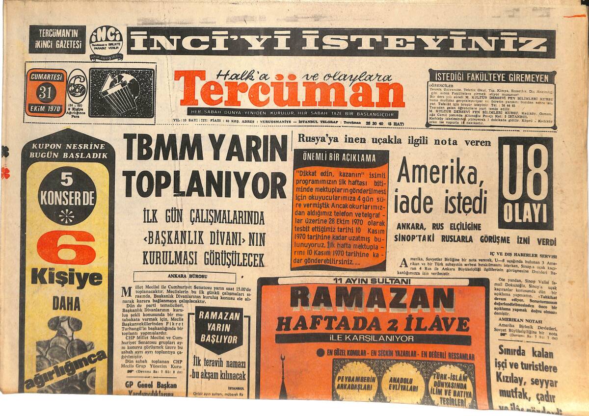 Tercüman Gazetesi 31 Ekim 1970 - Atom Denizaltısı İle Sefere Çıkıyoruz! - 20 Yıllık Şaka Gerçek Oldu: Mithatpaşa'da Hastane Açıldı! GZ144974 - 1